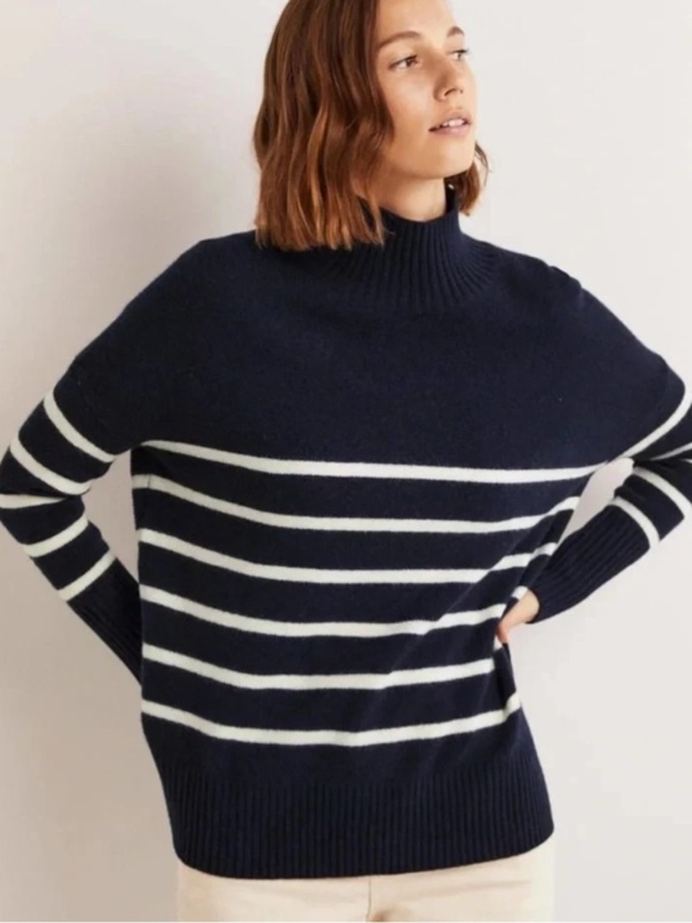 Boden Merino Wool Striped Mock Neck Sweater in Navy and White Sz 2 OVERSIZED